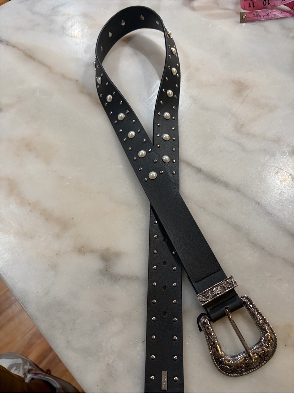 bebe Black Pearl-Stud Belt with Sparkling Buckle